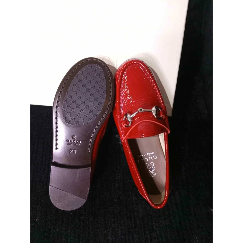 Gucci Kids Red Patent Leather Horsebit Loafers Shoes EU 28 338745